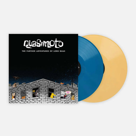 Vinyl records with a cover featuring 'Quasimoto' and a brick wall illustration.