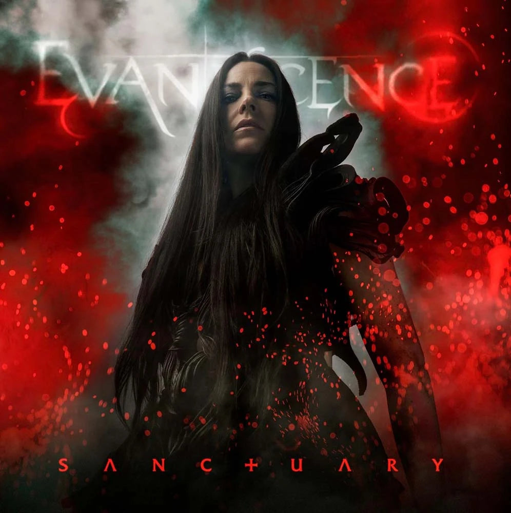 Album cover for 'Sanctuary' by Evanescence with a person holding a knife against a red and gray background.