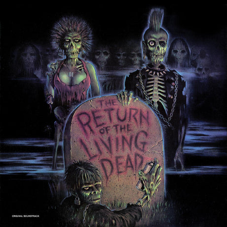 Illustration of zombies around a tombstone with 'The Return of the Living Dead' text, dark and eerie atmosphere.