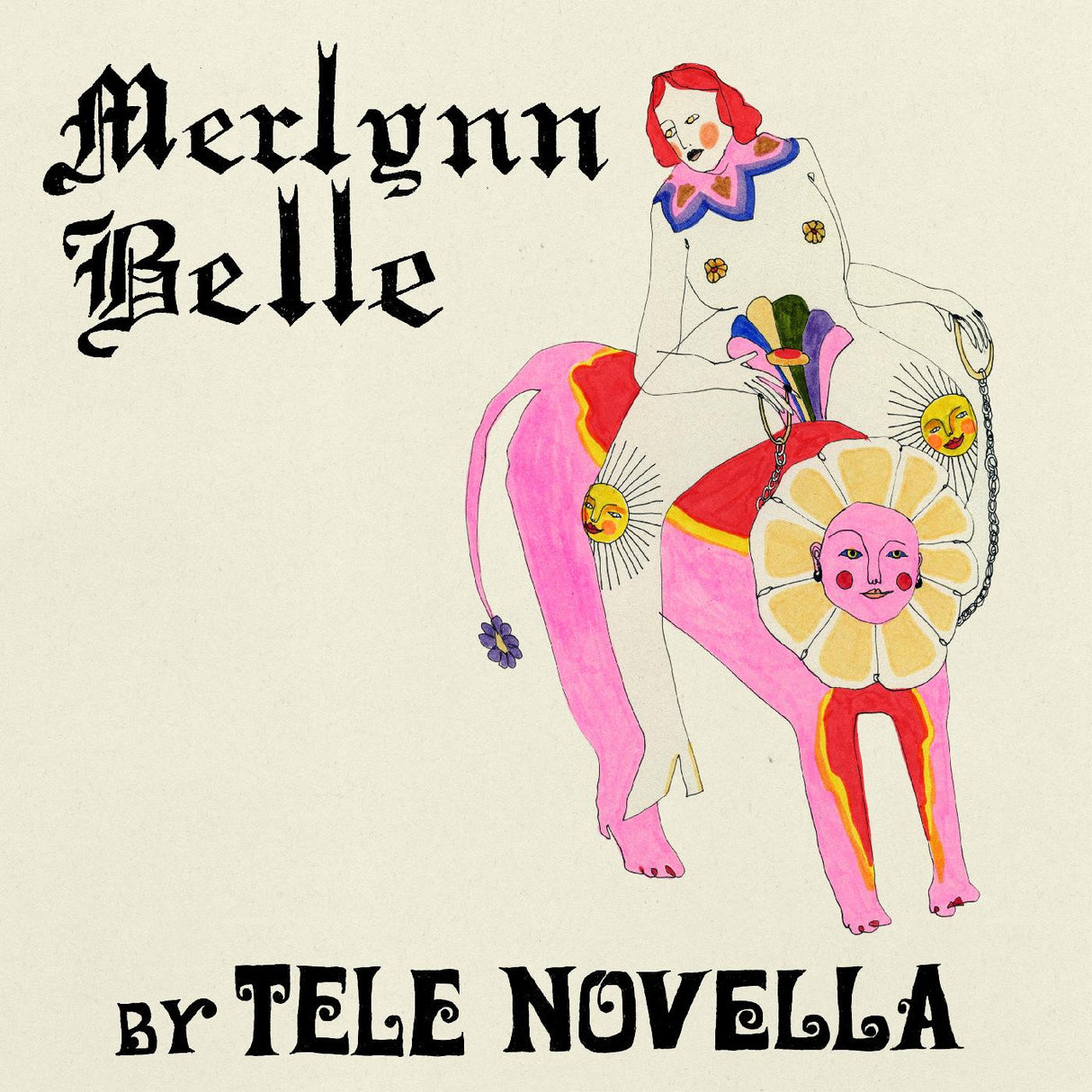 Illustration of a woman riding a pink creature with 'Merlynn Belle by Tele Novella' text.