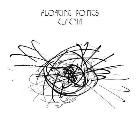 Album cover with abstract black line art and 'Floating Points Elaenia' text on a white background
