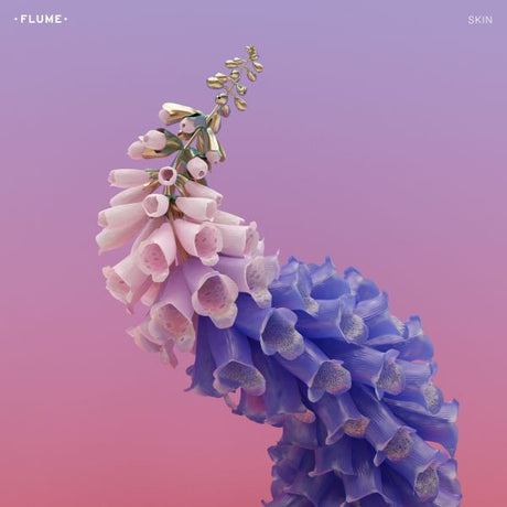 Floral arrangement with pink and blue flowers on a gradient purple and pink background, featuring the artist 'Flume'.