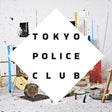 Album cover for 'Champ' by Tokyo Police Club featuring a white square with the band's name and a blue wave pattern. The background includes various colorful art pieces and objects.