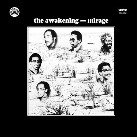 Album cover for 'the awakening - mirage' with black and white portraits and grass illustration.
