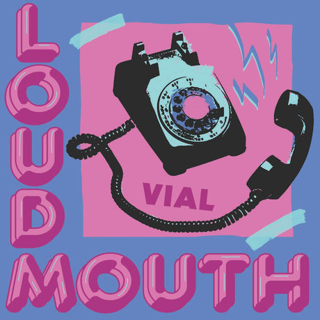 Vintage-style rotary phone illustration with 'LOUDMOUTH' text on a pink and blue background