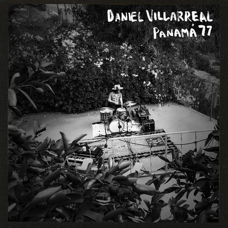 Person playing drums in a garden with 'Daniel Villarreal Panama 77' text.