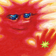 Abstract painting of a red face with blue eyes and a green star, resembling a creature.
