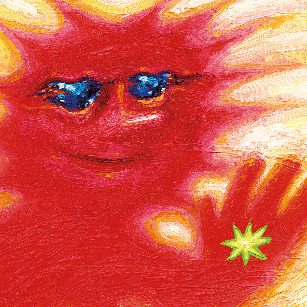 Abstract painting of a red face with blue eyes and a green star, resembling a creature.