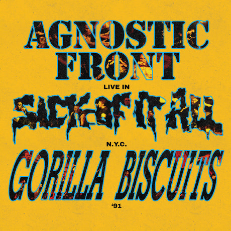 Album cover with text 'Agnostic Front' and 'Gorilla Biscuits' on a yellow background