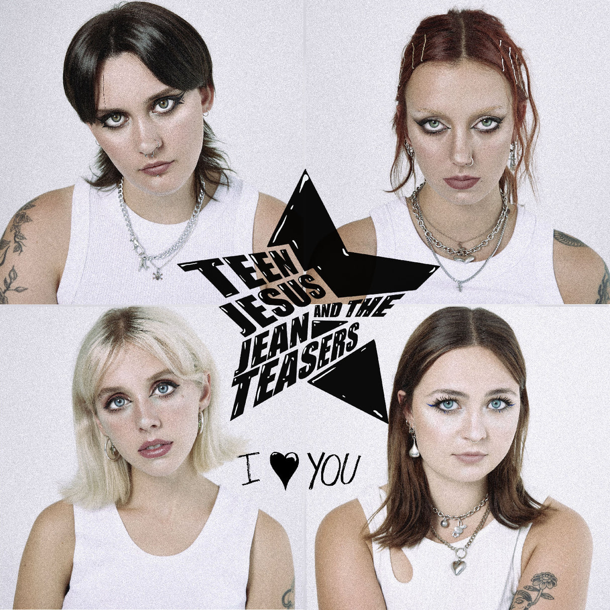 Four women with tattoos and piercings, featuring the band 'Teen Jesus and the Jean Teasers' logo and text.
