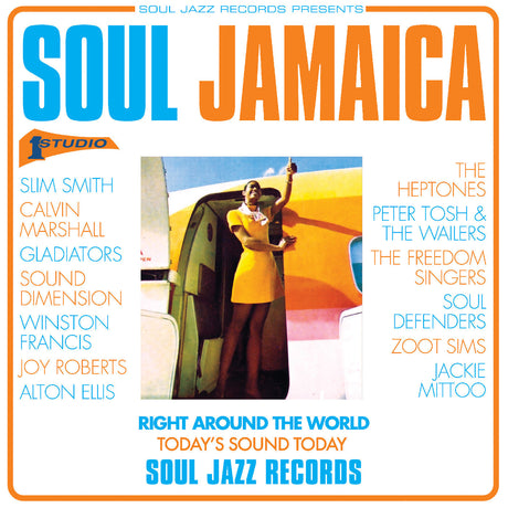 Album cover for 'Soul Jamaica' featuring a woman in a yellow dress boarding an airplane.