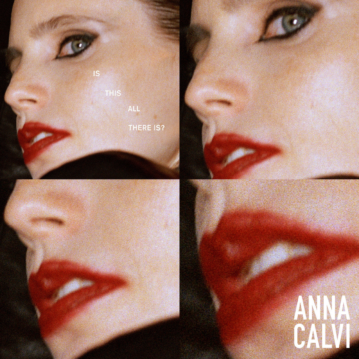 Close-up of a person's face with red lipstick, featuring text and the brand 'Anna Calvi'.