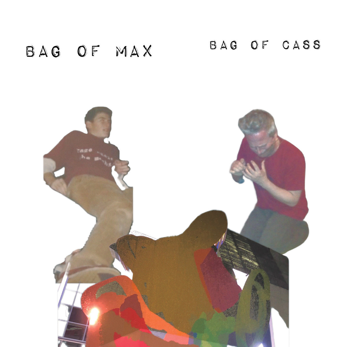 Album cover with two people sitting on a couch, colorful abstract elements, and text 'Bag of Max' and 'Bag of Cass'.