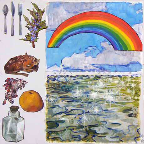 Collage with a rainbow, nature scene, and various objects on a white background