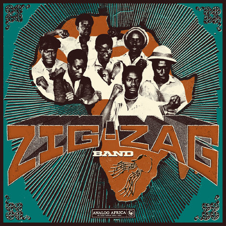 Album cover for 'Zigzag Band' with stylized text and a group of people.