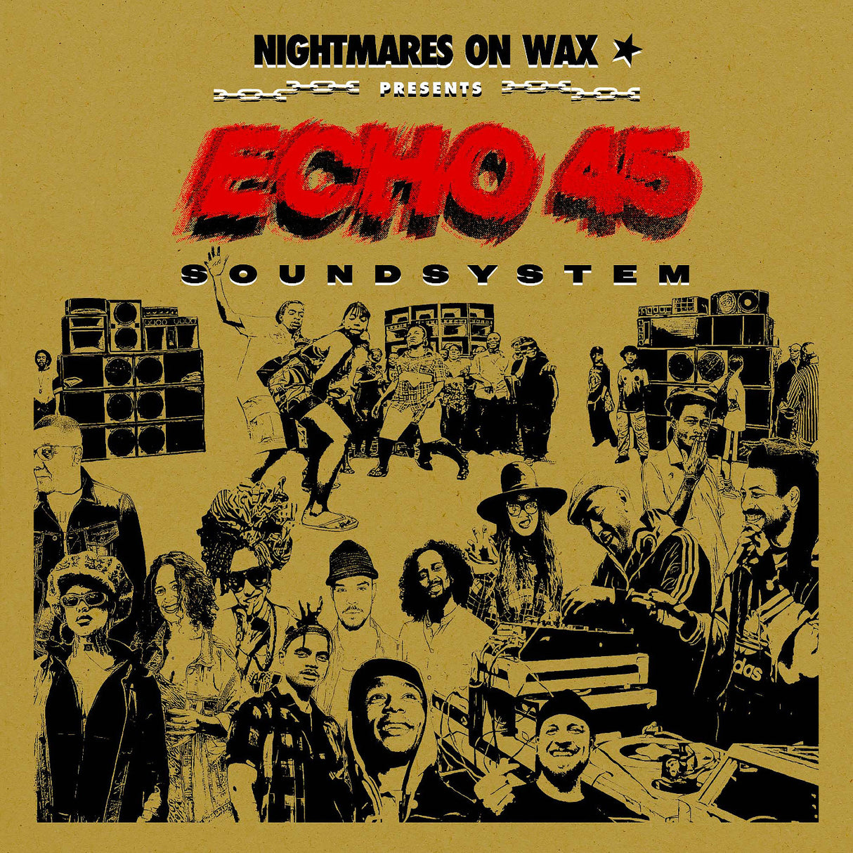 Album cover for 'Echo 45 Soundsystem' by Nightmares on Wax with vintage-style illustration of people and equipment.