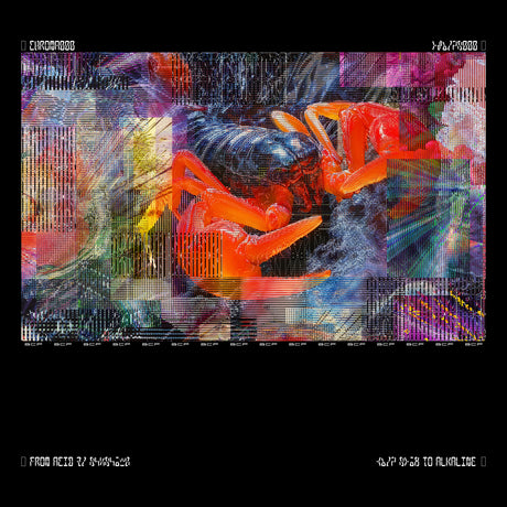 Colorful scorpion illustration on a black background with digital text overlay