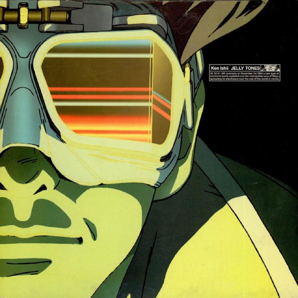 Close-up of a character wearing goggles with a dark background