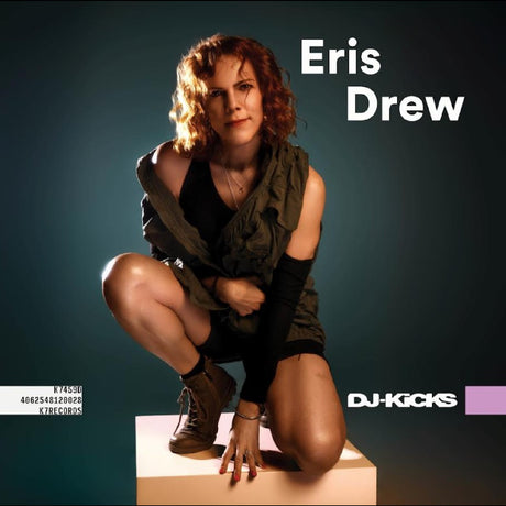 Person posing on a box with 'Eris Drew' and 'DJ-Kicks' text on a dark background