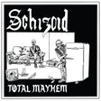 Album cover with black and white illustration of people in a living room, text 'Schizoid' and 'Total Mayhem'.