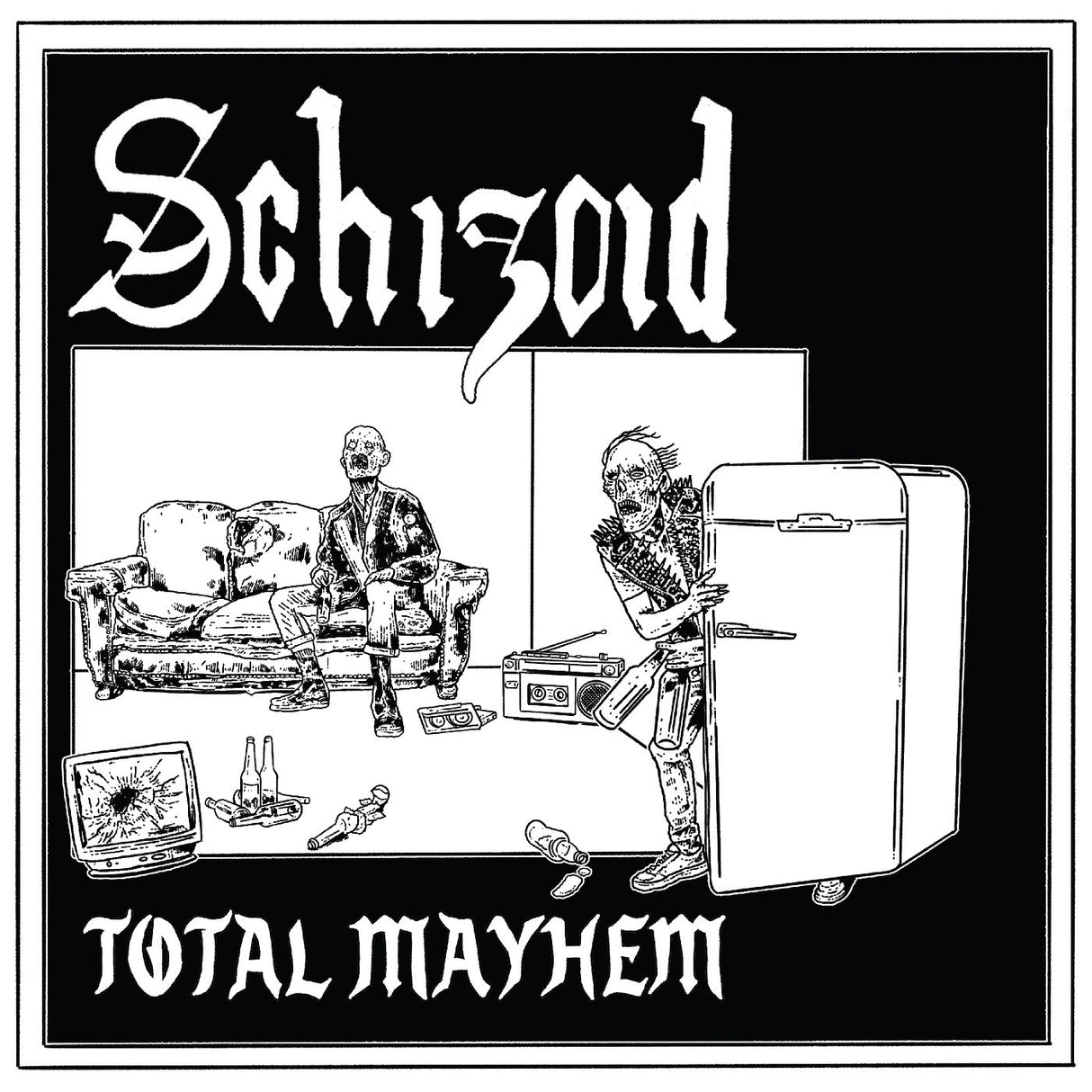 Album cover with black and white illustration of people in a living room, text 'Schizoid' and 'Total Mayhem'.