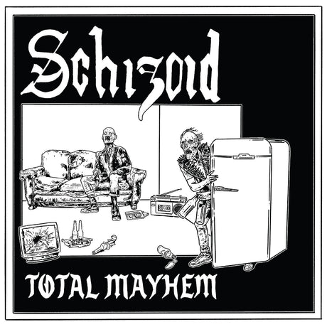 Album cover with black and white illustration of people in a living room, text 'Schizoid' and 'Total Mayhem'.