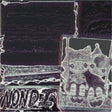 Abstract black and white image with a cat-like figure and text on a dark background