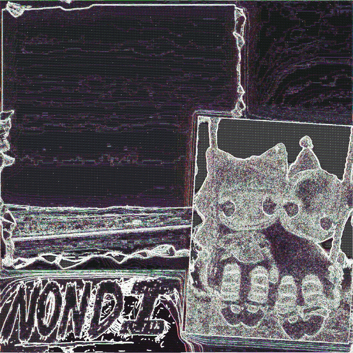 Abstract black and white image with a cat-like figure and text on a dark background