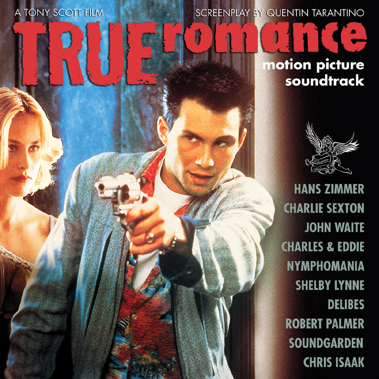 Album cover for 'True Romance' motion picture soundtrack featuring a man holding a gun and a woman.