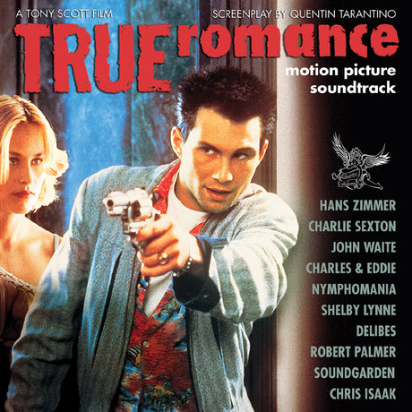 Album cover for 'True Romance' motion picture soundtrack featuring a man holding a gun and a woman.