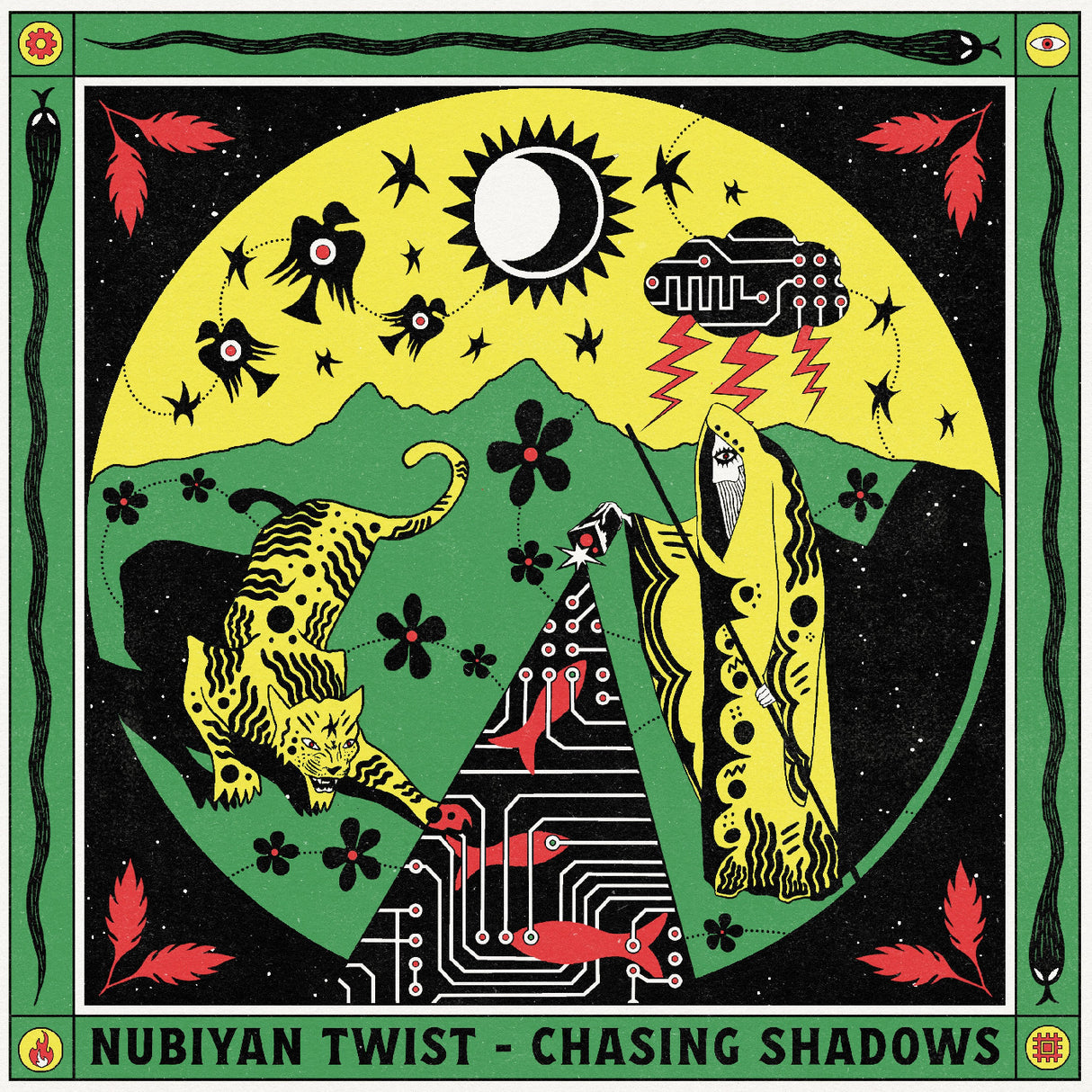 Album cover for 'Chasing Shadows' by Nubiyan Twist with abstract design elements.