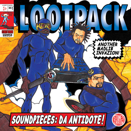 Cover of 'Lootpack' with characters in blue suits and text about a Madlib invasion.