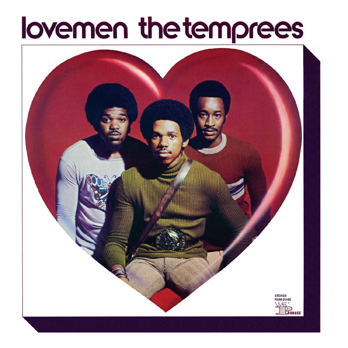 Album cover of 'lovemen the temprees' with three men inside a red heart on a white background.