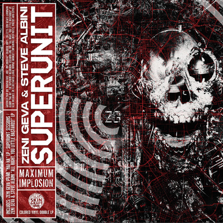 Album cover with mechanical design and skeleton face, featuring text about Zeni Geva & Steve Albini's 'Superunit'.