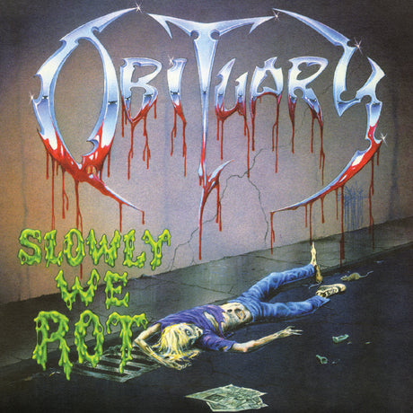 Album cover for 'Slowly We Rot' by Obituary featuring a person lying on the ground with text and blood-like elements.