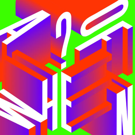 Colorful 3D geometric text on a green background