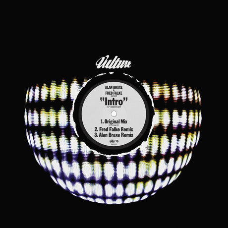 Vinyl record with a colorful pattern on a black background