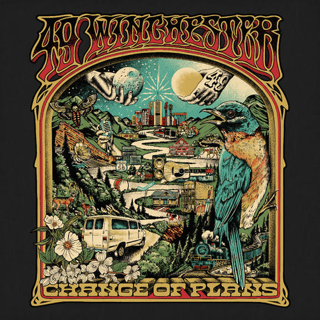 Album cover with a stylized landscape, bird, and text on a dark background