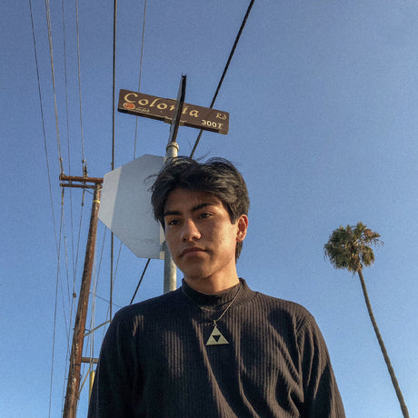 Person standing in front of a street sign with power lines and palm trees in the background