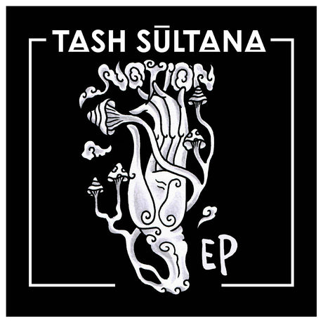 Album cover for Tash Sultana EP with intricate white design on a black background