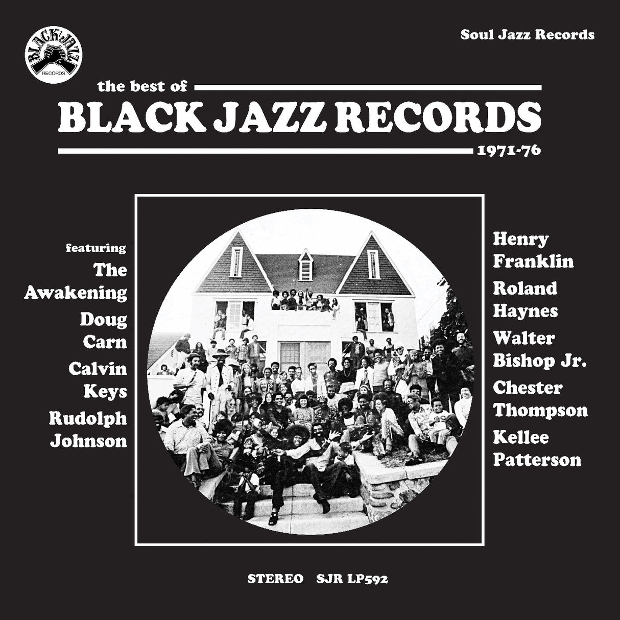 Album cover for 'The Best of Black Jazz Records 1971-76' featuring a black and white photo of a group of people in front of a house.