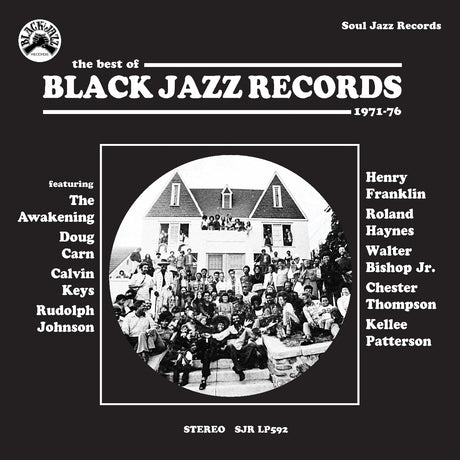 Album cover for 'The Best of Black Jazz Records 1971-76' featuring a black and white photo of a group of people in front of a house.