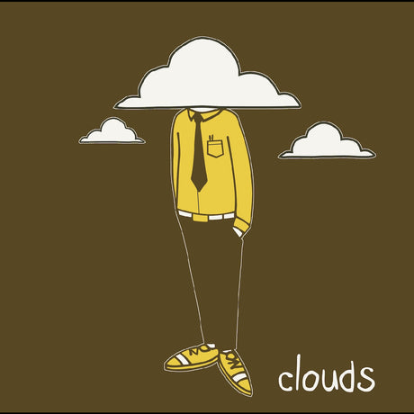 Illustration of a person in a yellow shirt and tie with clouds above and below them on a brown background.