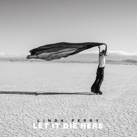 Album cover with a person holding a black fabric in an open landscape, featuring the text 'Linda Perry Let It Die Here'.
