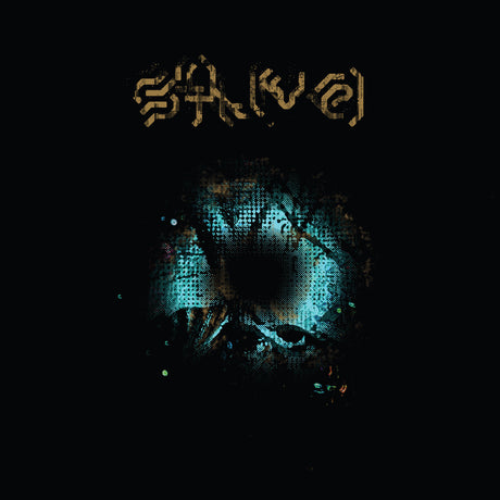 Album cover with text and blue abstract design on a black background