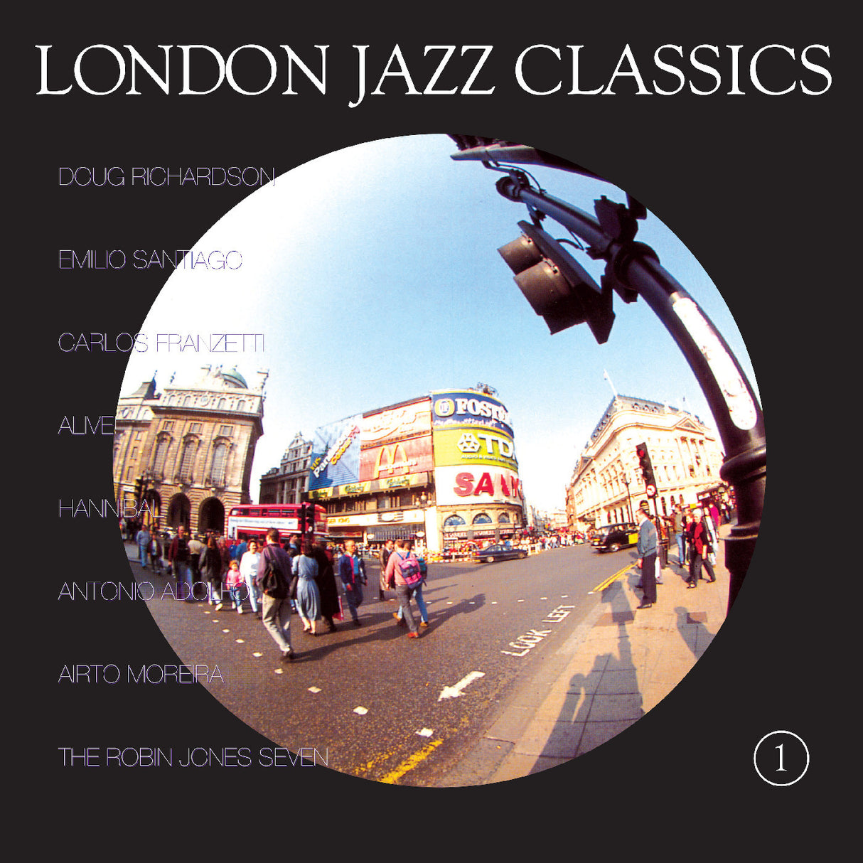 Album cover for 'London Jazz Classics' with a fisheye lens view of a London street.