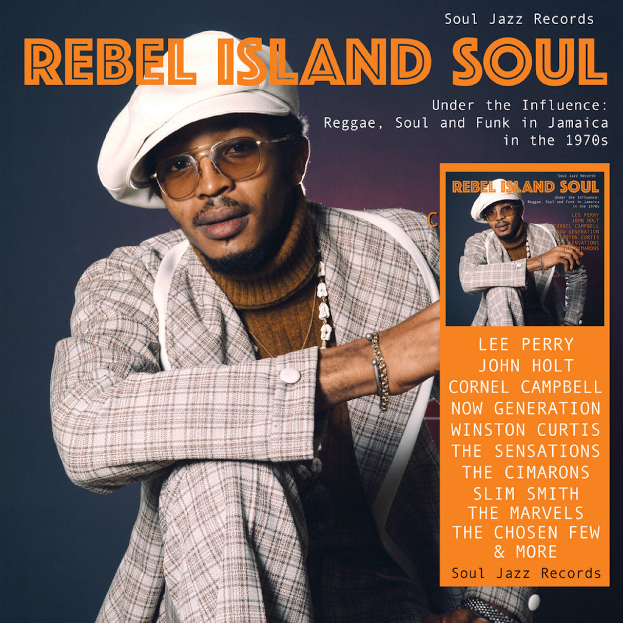 Album cover for 'Rebel Island Soul' featuring a man in a suit and hat with text about Jamaican music genres.