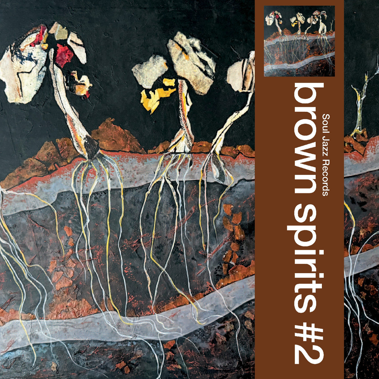 Album cover for 'Brown Spirits #2' by SoulJazz Records with abstract art design.