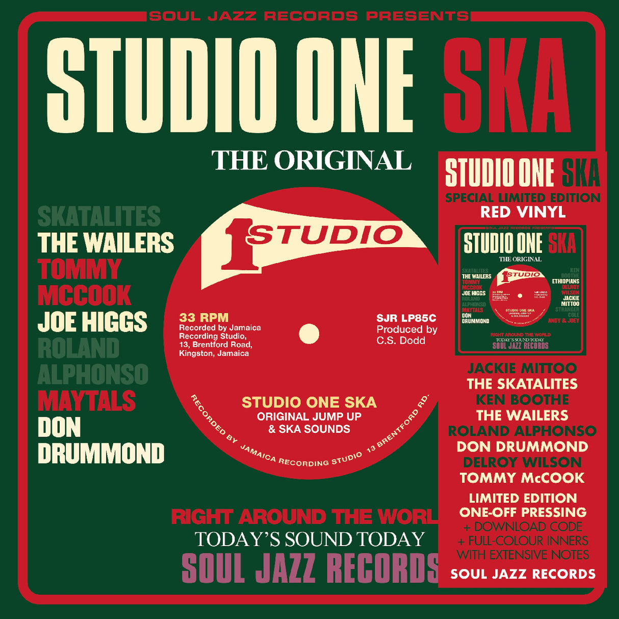 Promotional graphic for 'Studio One Ska' featuring a red vinyl record and text about Soul Jazz Records.