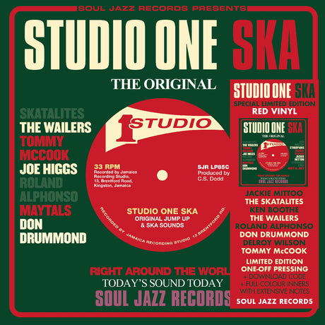 Promotional graphic for 'Studio One Ska' featuring a red vinyl record and text about Soul Jazz Records.
